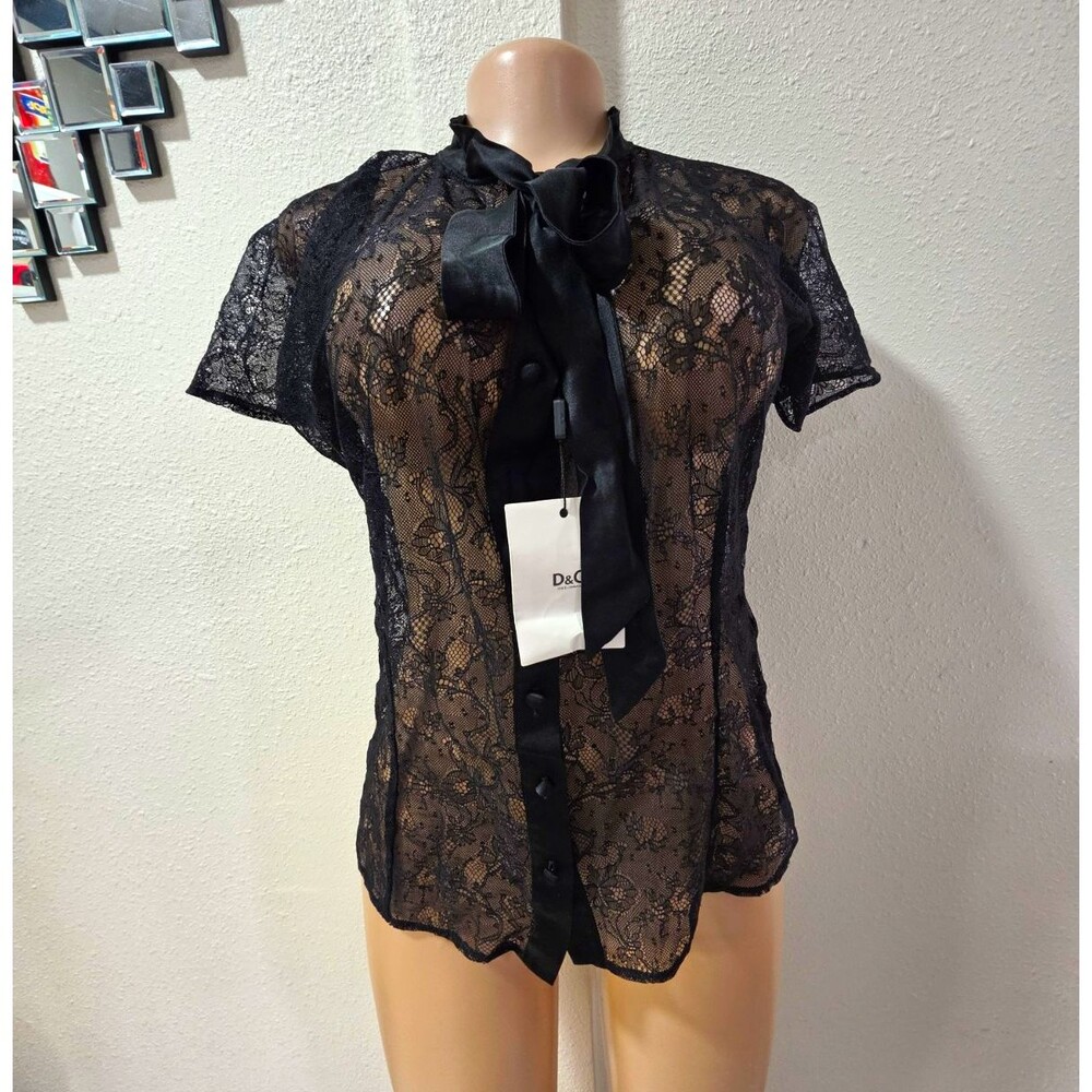 D&G Women's Black Sheer Floral Lace High Neck Button Front Bow Blouse S